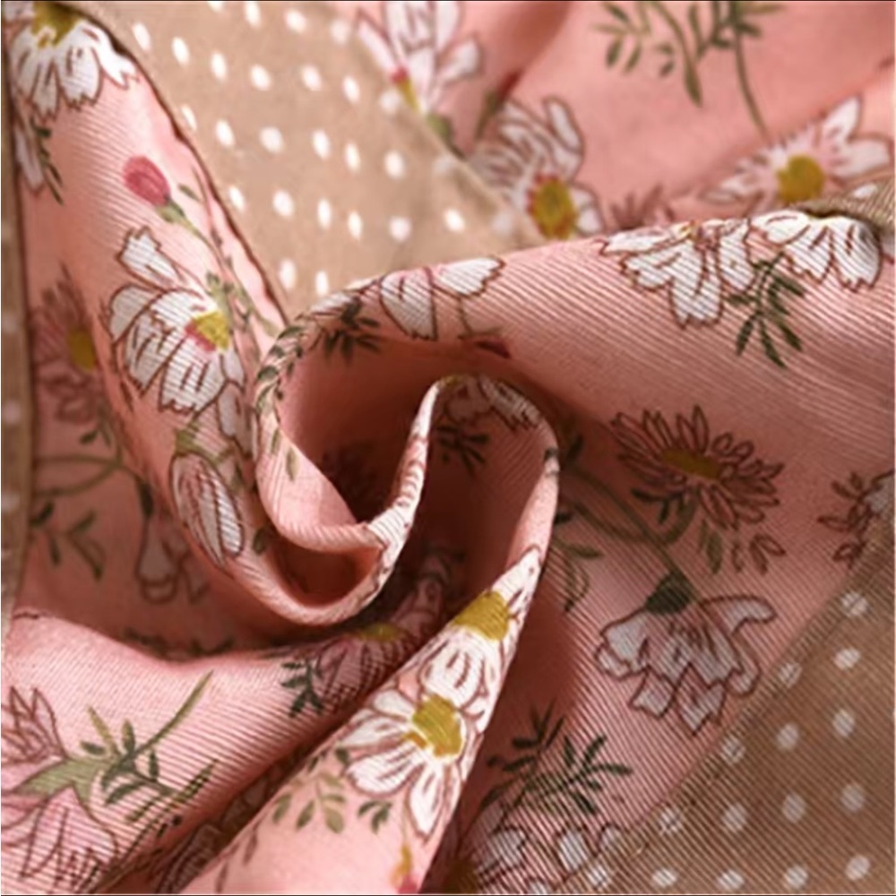 Apron Bib Sweet Vintage Retro Vibe  Pockets Waist Tie Floral Polka Dot Pink Tan - Picture 6 of 14